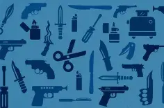 collage of prohibited items on blue background