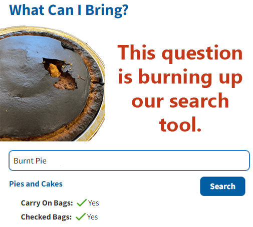 What Can I Bring - Burnt Pie? - The questions is burning up our search tool. Pies and cakes are good to go in carry-on or checked bags.