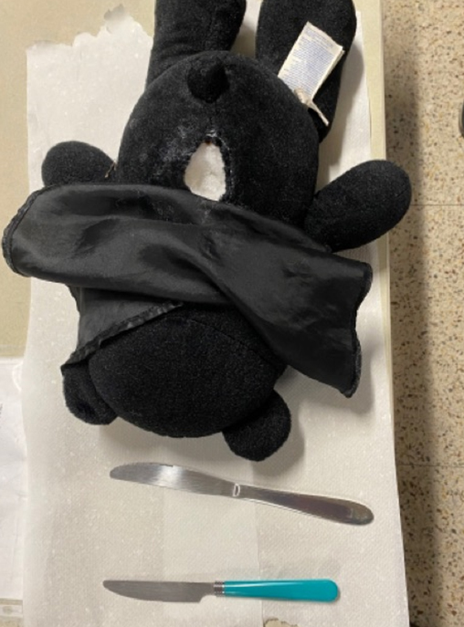Darth Vader stuffed bear with an opening where two knives were concealed inside