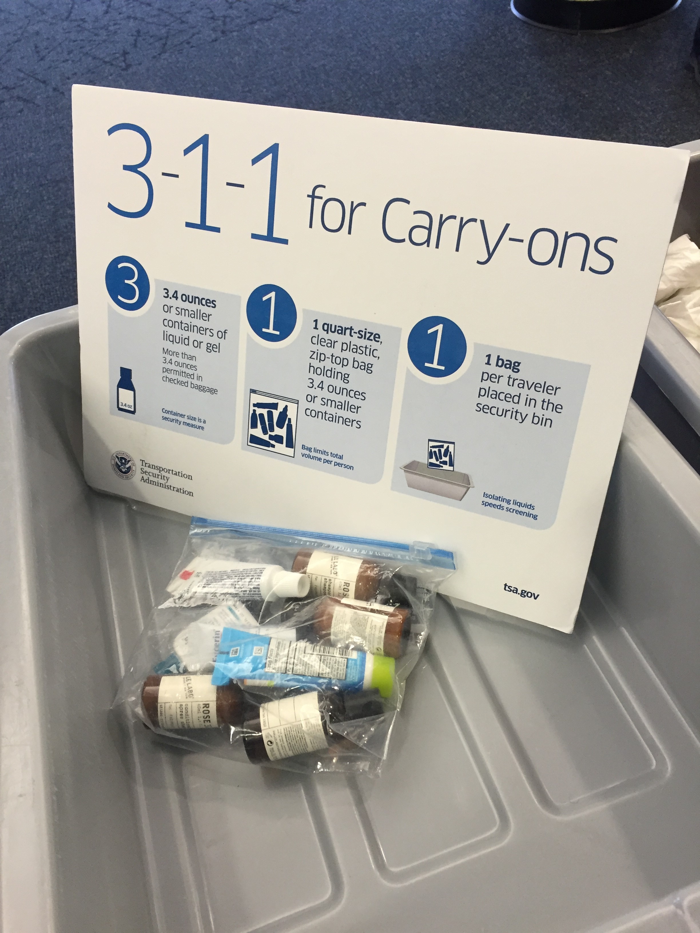 TSA’s 3-1-1 rule means liquids, gels and aerosols must be 3.4 ounces or less and fit in a one-quart size bag, one bag per person.  