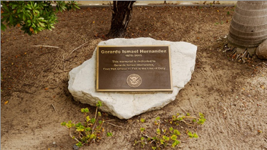 Plaque to remember TSA Officer Gerardo Hernandez at the theme building at LAX where a wreath is laid on each anniversary of his death. (Photo courtesy of Lorie Dankers)