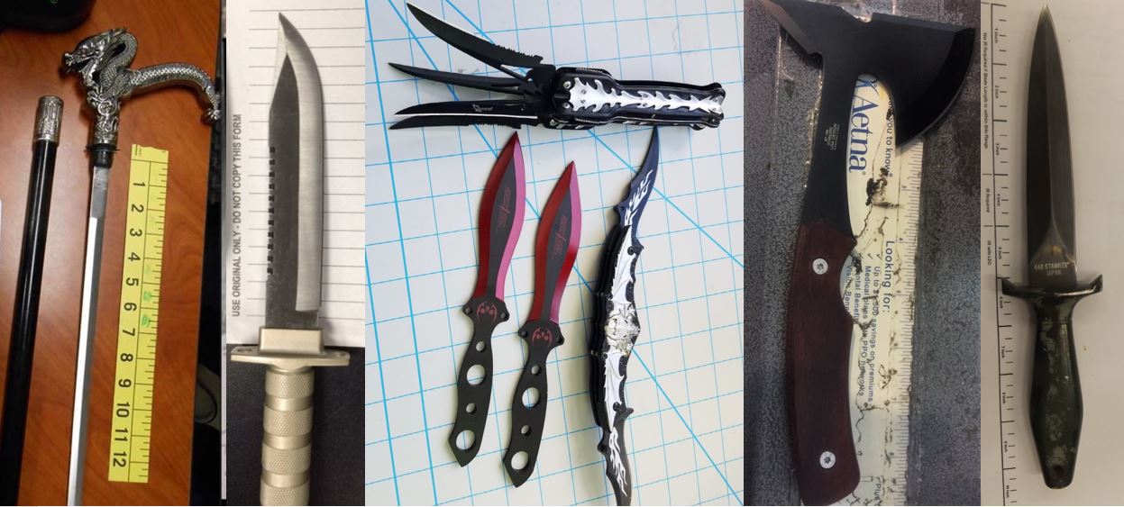 From left to right, these items were discovered over the last two weeks in carry-on bags at ABE, BUR, DEN, IAH and SNA. While all of these items are prohibited in carry-on bags, they may be packed in checked baggage.