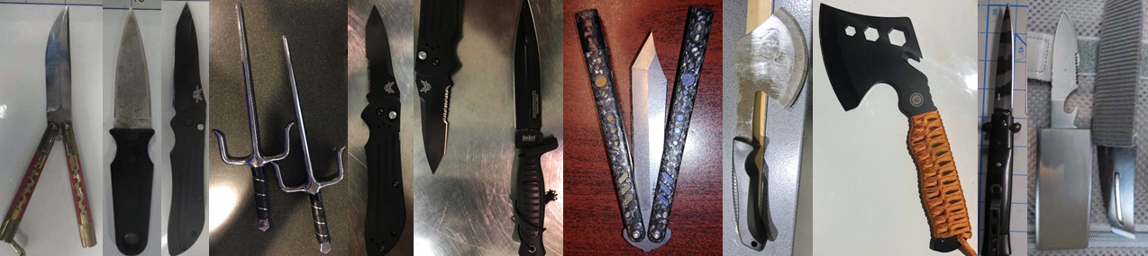 From left to right, these prohibited items were discovered in carry-on bags at ABQ, ABQ, ABQ, ALB, CLE, CLE, DTW, IAH, LGA, SAN and SEA. 