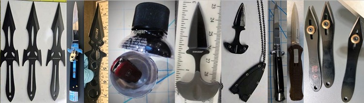 From left to right, these prohibited items were discovered in carry-on bags at ABQ, BNA, BOI, PDX, PIT, ABQ, SAN, BNA and DTW. 