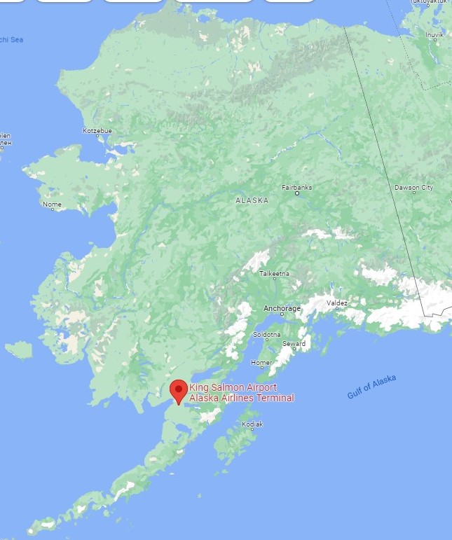 If you were curious where King Salmon Airport is located in Alaska, this should answer your question. (Google Maps graphic)