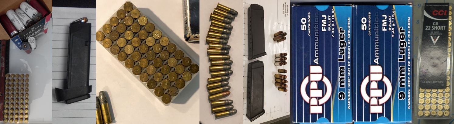Left to right, the ammunition pictured here was discovered in carry-on bags at ALB, BUR, IAH, IAH, MDW, PHX and SAN. 