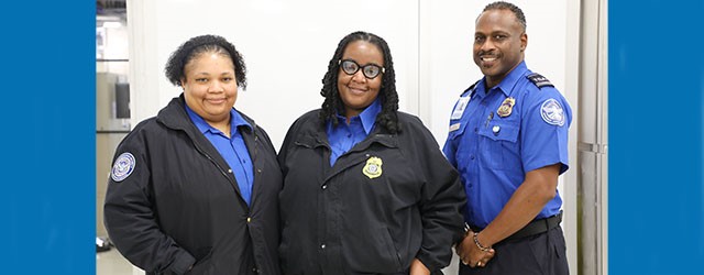 From left, Hartsfield-Jackson Atlanta International Airport Lead TSA Officer Marquita Burkett, TSA Officer Crystal Wakefield and Supervisory TSA Officer Leonard Taylor.  (Photo by Zubidiah Guy)