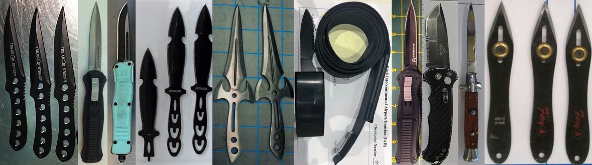 From left to right, these prohibited items were discovered in carry-on bags at BDL, BNA, BOI, BUF, DEN, IAH, LAS, PVD, PVD and SJC.
