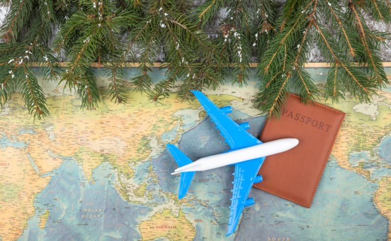 Plane and passport on a map next to evergreen tree branches