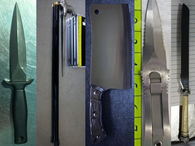 From the left, these knives were discovered in carry-on bags at BNA, DAL, JAX, STL and SBA. 