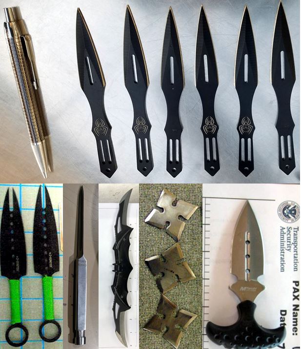 Clockwise from the top, these knives were discovered in carry-on bags at BNA, PVD, JAX, SFO, LGA and DEN. 