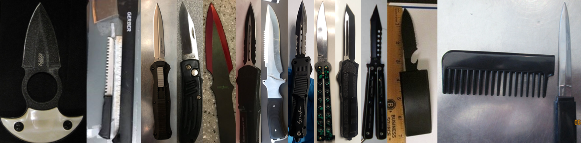 From left to right, these prohibited items were discovered in carry-on bags at BOI, BDL, BNA, CLE, CLE, CLE, BHM, IAH, ORD, ORD, SAT, SJC and TUL.