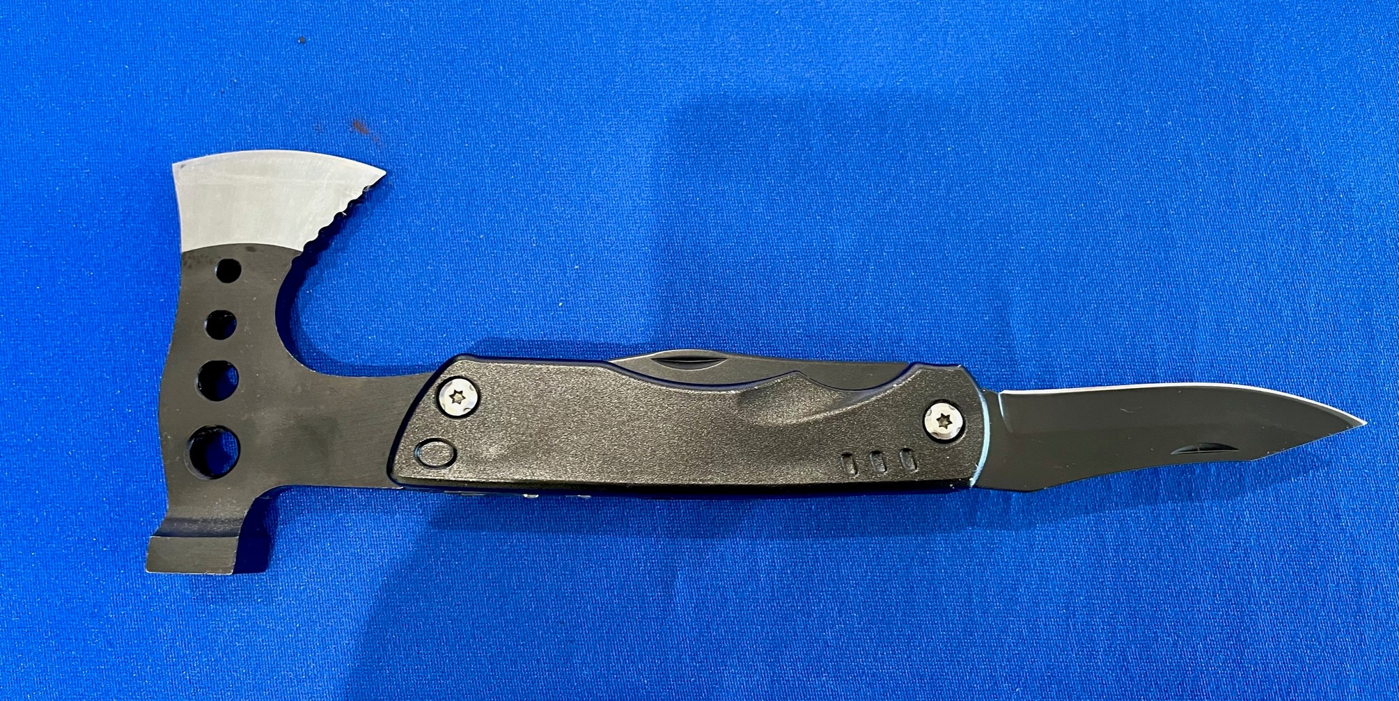A multi-tool with a hatchet at one end and a knife at the other that someone recently brought to a TSA security checkpoint at BWI Airport recently. (TSA photo)