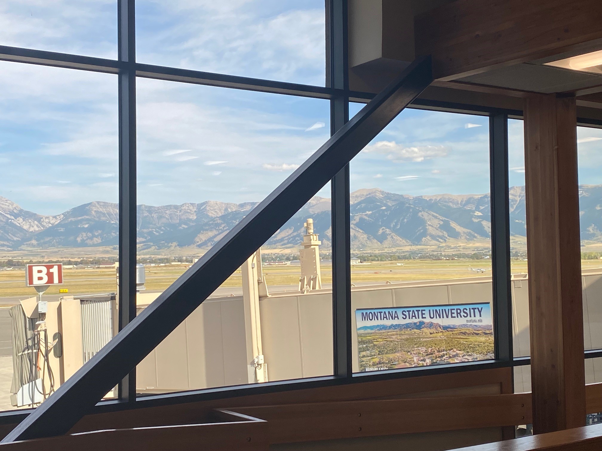View of the Bridger Mountain Range from inside the terminal at Bozeman-Yellowstone International Airport.