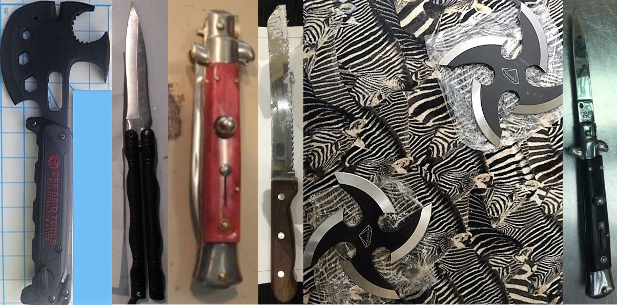 From left to right, these prohibited items were discovered in carry-on bags at DEN, CLT, SAN, IAH, IAH and BNA.