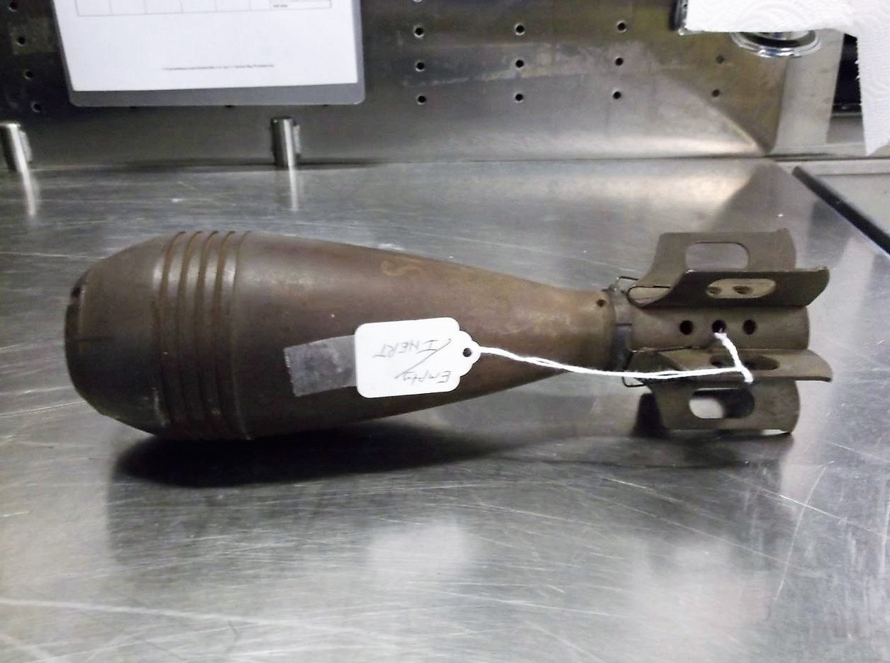 This inert mortar was discovered in a checked bag at the Evansville Regional Airport (EVV).