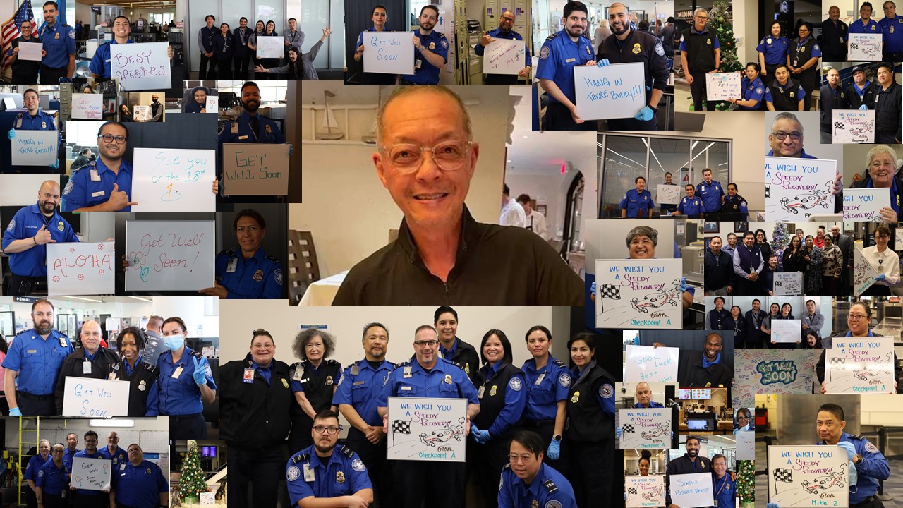 Best wishes and get well soon messages to TSO Gilbert Zapanta (center) from his colleagues at Norman Y. Mineta San Jose International Airport. (Collage by TSA SJC) 