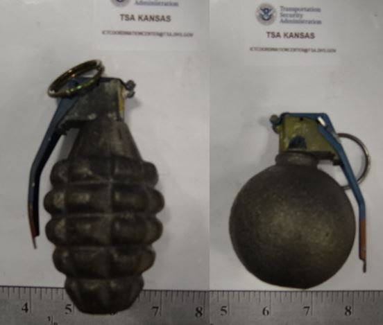 The inert grenades pictured here were discovered at the Wichita Dwight D. Eisenhower National Airport (ICT) on the same day. One was in a carry-on bag, and the other was in a checked bag.