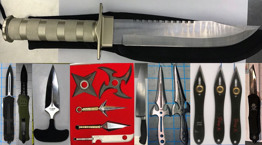 Clockwise from the top, these prohibited items were discovered in carry-on bags at JFK, DTW, SJC, DEN, JFK, ATL, ABQ, ROC, and DEN.