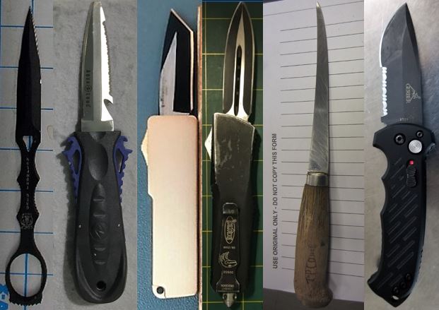 From left to right, these prohibited items were discovered in carry-on bags at SAN, CHS, BNA, LAS, BUR, and EWR. 