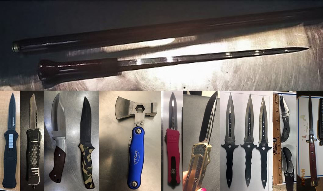 Clockwise from the top, these prohibited items were discovered in carry-on bags at JFK, SJC, SJC, SFO, ORD, ORD, LGA, BNA and ATL.