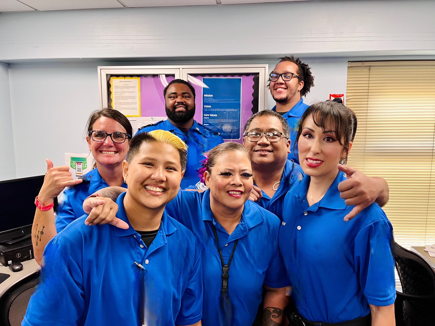 The Lihue Airport National Deployment Force Team. From left (back row), LIH Officers Christopher Demero and HNL Jared Dawkins; (middle row) HNL Lead Officer Catherine Cicak, Officer Tyrone Sabado; (front row) HNL Officer Dhyrille Rioca, Lead Officer Sharilynn Requilman and TSA Manager Reimion McBean.