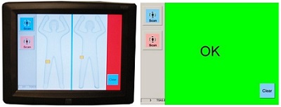 The monitor on the left shows yellow boxes where the screening equipment has detected an alarm. The screen on the right shows that the passenger is clear to go. (TSA photos)