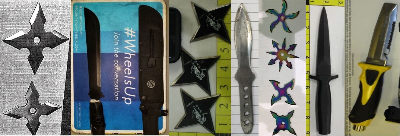 From the left, these items were discovered in carry-on bags at ORD, DTW, STL, BUR, BWI, ABQ, ABQ.