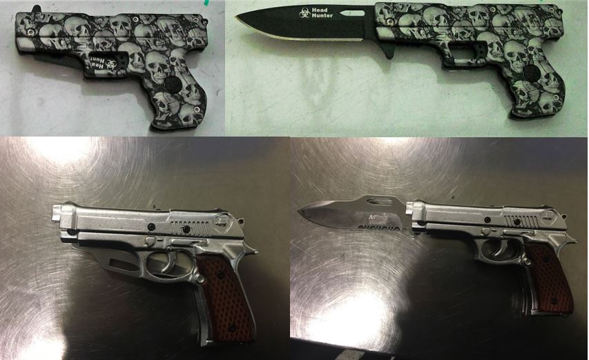 From top to bottom, these replica firearms/knives were discovered in carry-on bags at Raleigh Durham (RDU) and Cleveland (CLE). 
