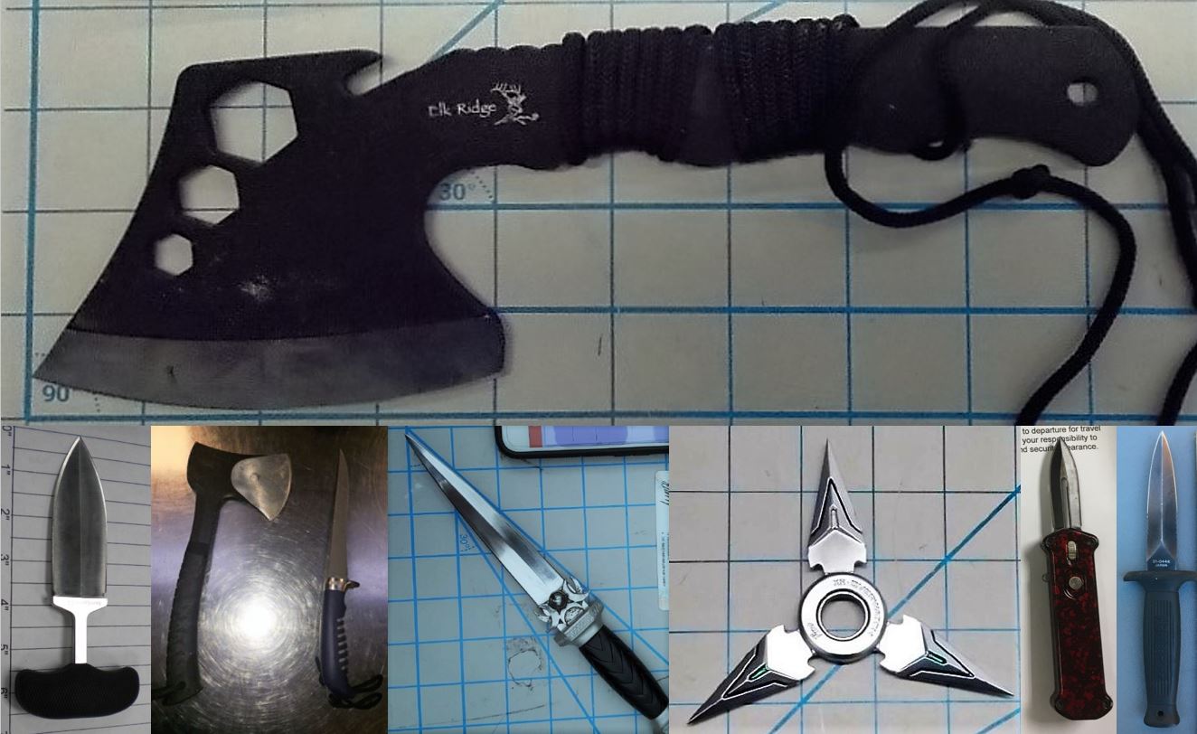 Clockwise from the top, these items were discovered in carry-on bags at SAN, BNA, ATL, SAN, DEN, JNU and BUR. While all knives are prohibited in carry-on bags, they may be packed in checked baggage.