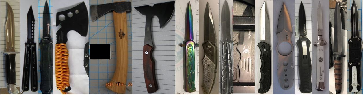 From left to right, these prohibited items were discovered in carry-on bags at SBP, SAT, DEN, OMA, DEN, BUR, CMH, CLE, CMH, JFK, ATL, RDU, SBA, RDU, ATL and DEN .