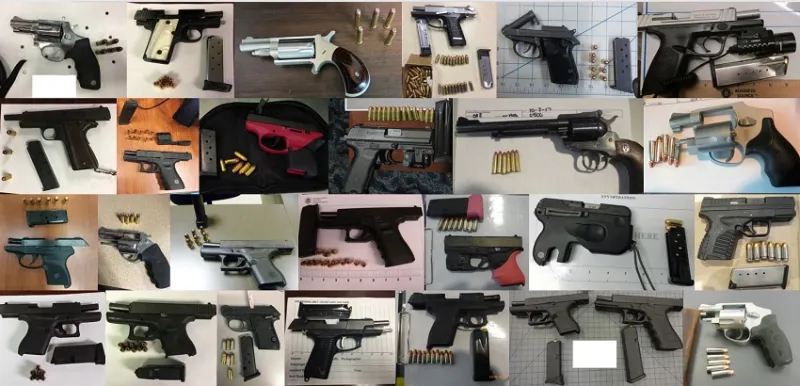 Os oficiais da TSA descobriram 165 armas de fogo nas últimas duas semanas em sacos de mão em todo o país.  Das 165 armas de fogo descobertas, 144 foram carregadas e 56 tinham uma câmara redonda.
