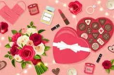 Illustrated flowers and heart box of chocolates on a pink background; candles and other romantic items scattered about