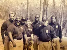 . Members of the Georgia Bureau of Investigation Atlanta Regional Field Office in 1998. From left, Special Agents Mikle George, Fred Mays, Jerald Dalton, Mamie Kinzig and Willie Creech; Special Agent in Charge Charlie Robertson and Assistant Special Agent in Charge Daryl Adams.  (Photo courtesy of Mamie Kinzig)