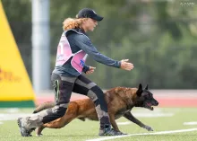 TSA’s Trisha Harper sends her personal canine Einstein to sprint the length of a football field during the American Working Malinois Association National Championships in Mount Dora, Florida, in December 2022. (Photo by Brian Aghajani)