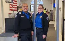 John Murtha Johnstown-Cambria County Airport (JST) TSA Lead Officer Scott Sube and Officer Elizabeth Williams controlled the flames of a deicing truck fire with extinguishers until firefighters arrived. (Photo courtesy of TSA JST)