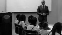 Michigan TSA Federal Security Director Reggie Stephens speaks with students from the Detroit Police Prep Academy. (Photo courtesy of TSA DTW)