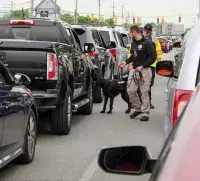 Canine handler Jason Dauber and his partner, Dodo, search for explosive items on a busy Indianapolis highway during Indy 500 weekend. (Photo by Cassandra Crager)