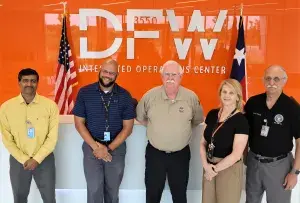 The Intergrated Operations Center team. From left, Supervisory Coordination Center Officers  Bhavin Amin and Roland Lavine, TSA Manager Robert Nunnery, Supervisory Coordination Center Officers Irene Pike and Larry Pinkos.  (Photo courtesy of TSA DFW) 
