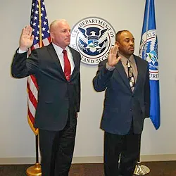 TSA Federal Security Director Richard Whitmer and Timothy Brookshire’s TSA swearing-in ceremony in February 2012. (Photo provided by Timothy Brookshire)