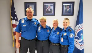 ​  From left, Dayton International Airport TSA Officers Travis Lightcap and Betty Kinsler, Supervisory Officer Tina Schaefer and Officer Bev Bates. (Photo by Austin Allen)  ​