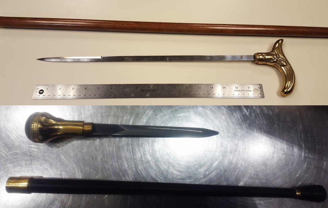 From top to bottom, these sword canes were discovered along with traveler’s carry-on property at Chicago O’Hare (ORD) and Baltimore (BWI).