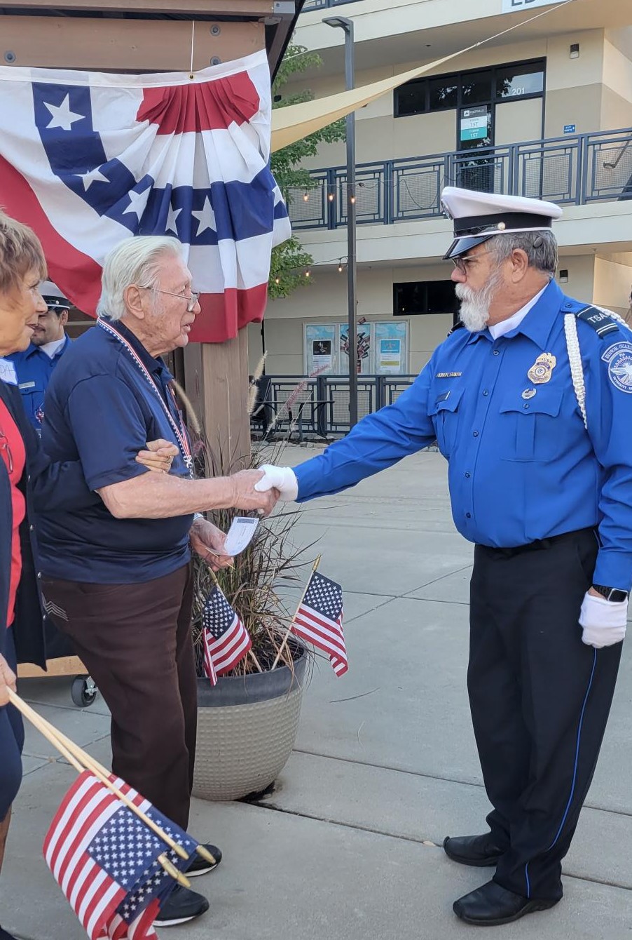Lead TSA Officer John Hammell greets a veteran at the beginning of his virtual experience. (Photos courtesy of TSA SMF) 
